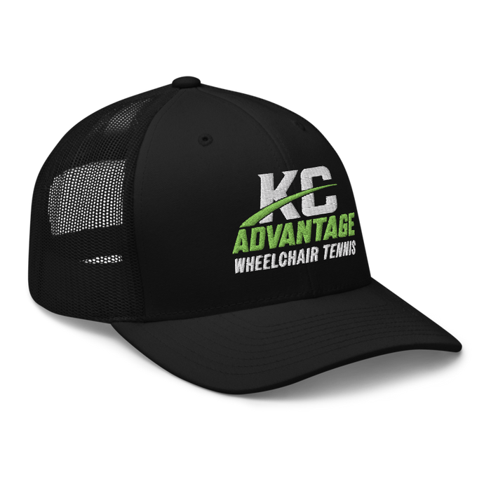 Front right angle of the MAS Kansas City Advantage Wheelchair Tennis Wordmark Black Curved Bill Trucker Snapback against a white background