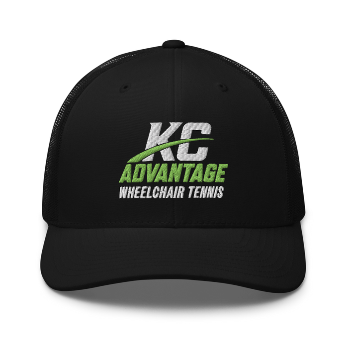 Front angle of the MAS Kansas City Advantage Wheelchair Tennis Wordmark Black Curved Bill Trucker Snapback against a white background