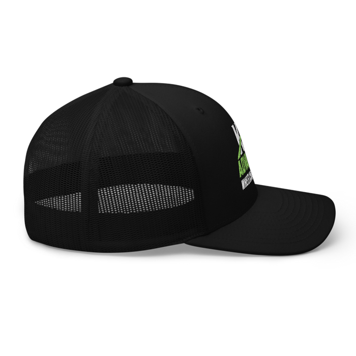 Right angle of the MAS Kansas City Advantage Wheelchair Tennis Wordmark Black Curved Bill Trucker Snapback against a white background