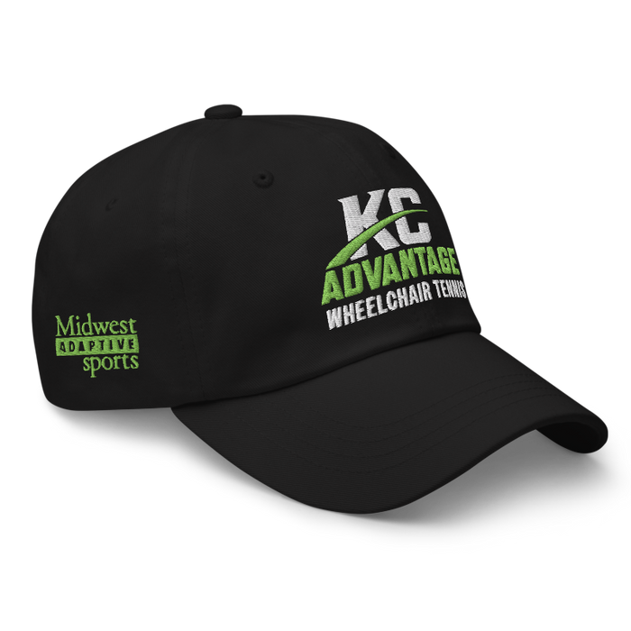 Front right angle of the MAS Kansas City Advantage Wheelchair Tennis Wordmark Black Dad Hat against a white background