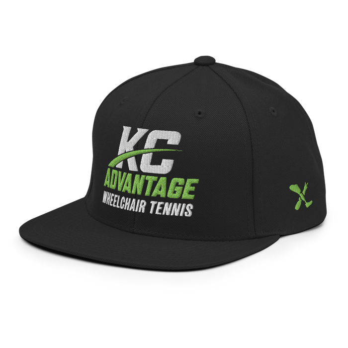 Front left angle of the MAS Kansas City Advantage Wheelchair Tennis Wordmark Black Flat Bill Snapback against a white background