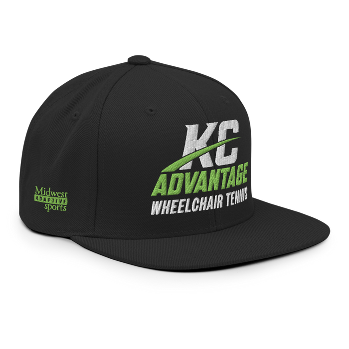 Front right angle of the MAS Kansas City Advantage Wheelchair Tennis Wordmark Black Flat Bill Snapback against a white background