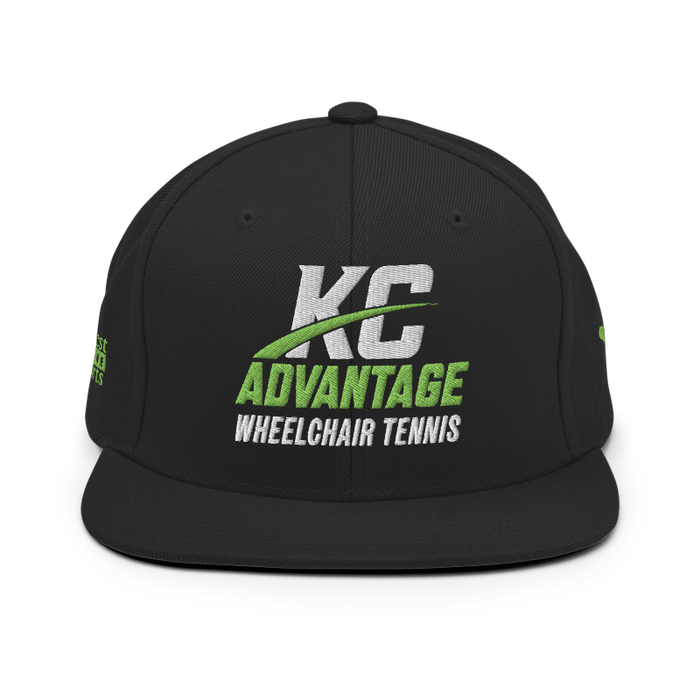 Front angle of the MAS Kansas City Advantage Wheelchair Tennis Wordmark Black Flat Bill Snapback against a white background