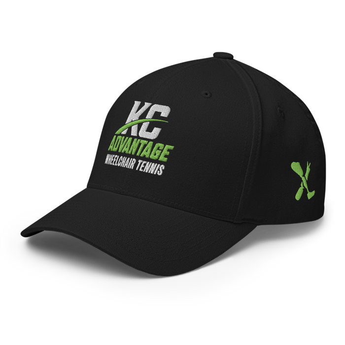 Front left angle of the MAS Kansas City Advantage Wheelchair Tennis Wordmark Black Flexfit Curved Bill Fitted against a white background