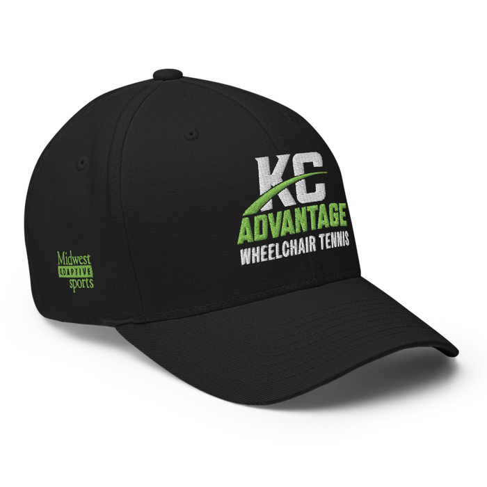 Front right angle of the MAS Kansas City Advantage Wheelchair Tennis Wordmark Black Flexfit Curved Bill Fitted against a white background