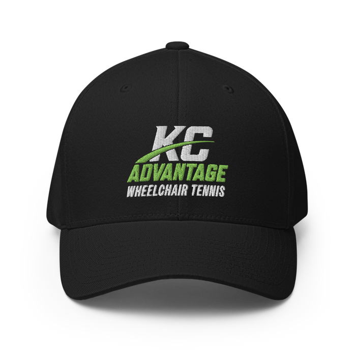 Front angle of the MAS Kansas City Advantage Wheelchair Tennis Wordmark Black Flexfit Curved Bill Fitted against a white background