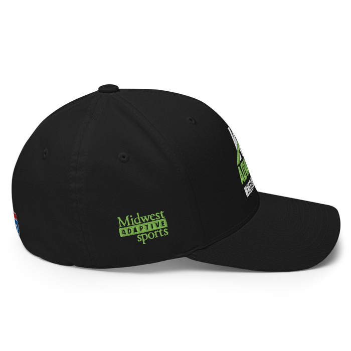 Right angle of the MAS Kansas City Advantage Wheelchair Tennis Wordmark Black Flexfit Curved Bill Fitted against a white background