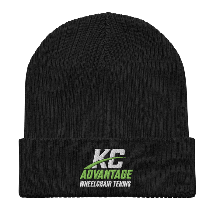 Front angle of the MAS Kansas City Advantage Wheelchair Tennis Wordmark Black Organic Beanie laid flat against a white background