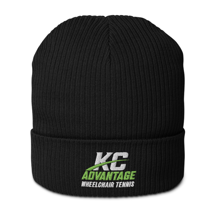 Front angle of the MAS Kansas City Advantage Wheelchair Tennis Wordmark Black Organic Beanie against a white background