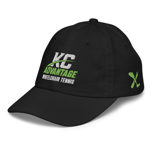 Front left angle of the MAS Kansas City Advantage Wheelchair Tennis Wordmark Black Youth Dad Hat against a white background