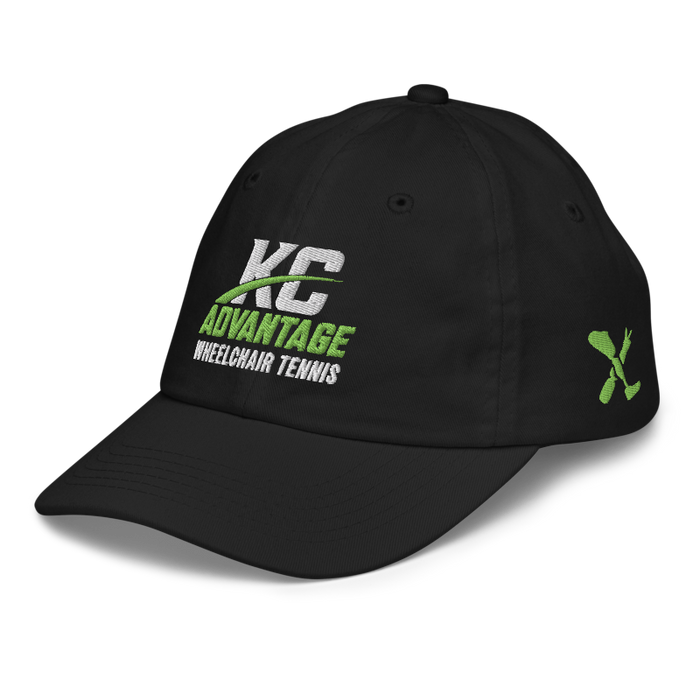Front left angle of the MAS Kansas City Advantage Wheelchair Tennis Wordmark Black Youth Dad Hat against a white background