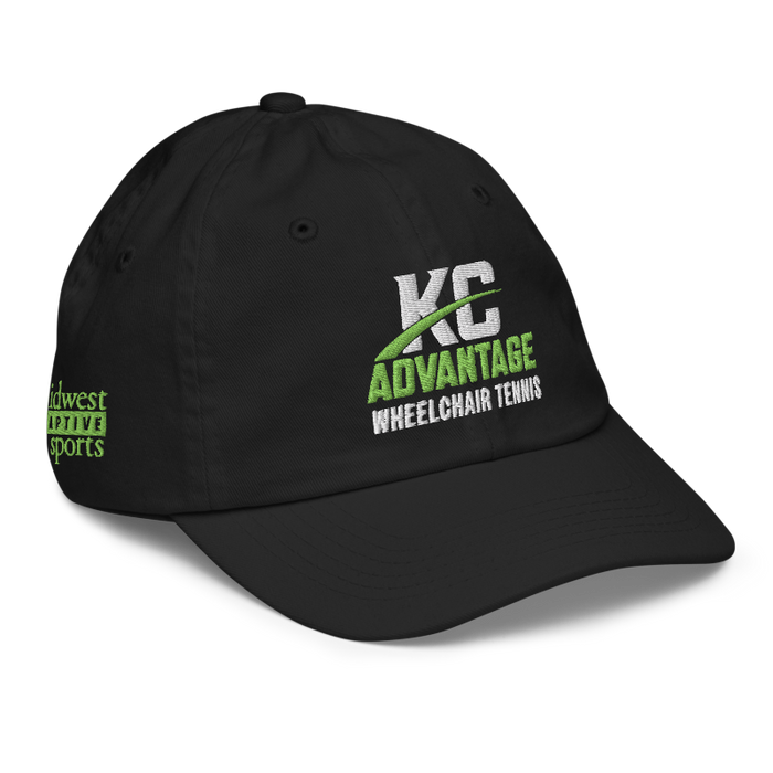 Front right angle of the MAS Kansas City Advantage Wheelchair Tennis Wordmark Black Youth Dad Hat against a white background