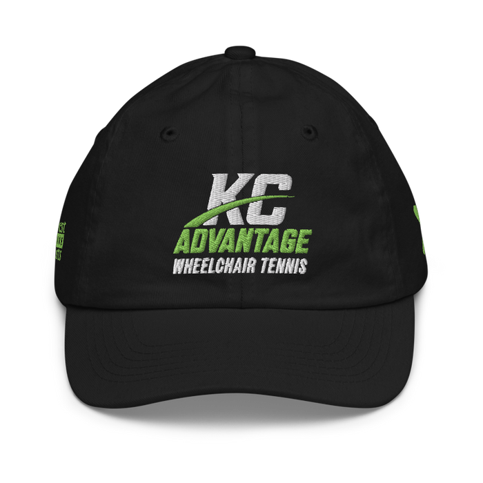 Front angle of the MAS Kansas City Advantage Wheelchair Tennis Wordmark Black Youth Dad Hat against a white background