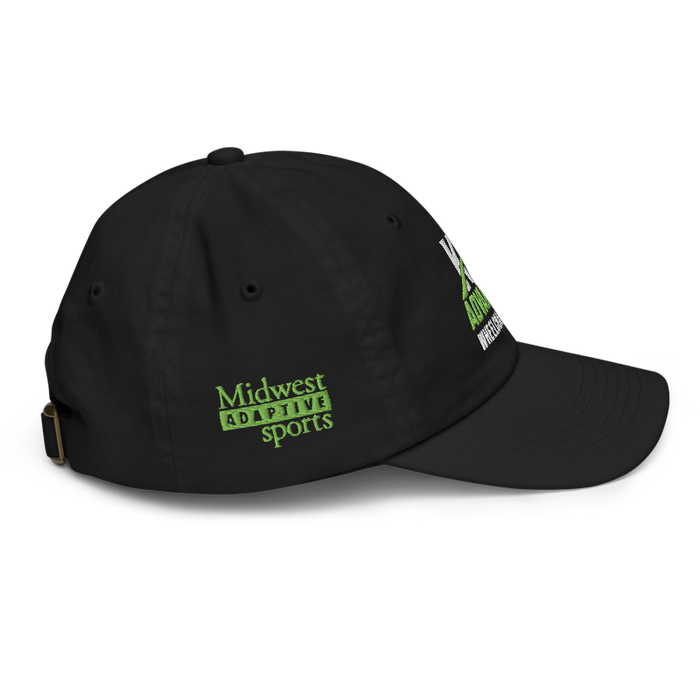 Right angle of the MAS Kansas City Advantage Wheelchair Tennis Wordmark Black Youth Dad Hat against a white background