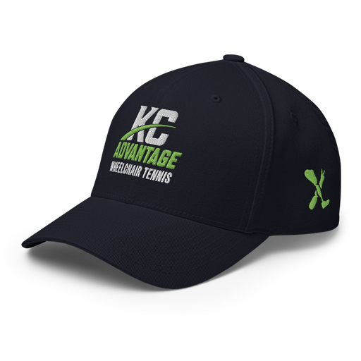 Front left angle of the MAS Kansas City Advantage Wheelchair Tennis Wordmark Dark Navy Flexfit Curved Bill Fitted against a white background