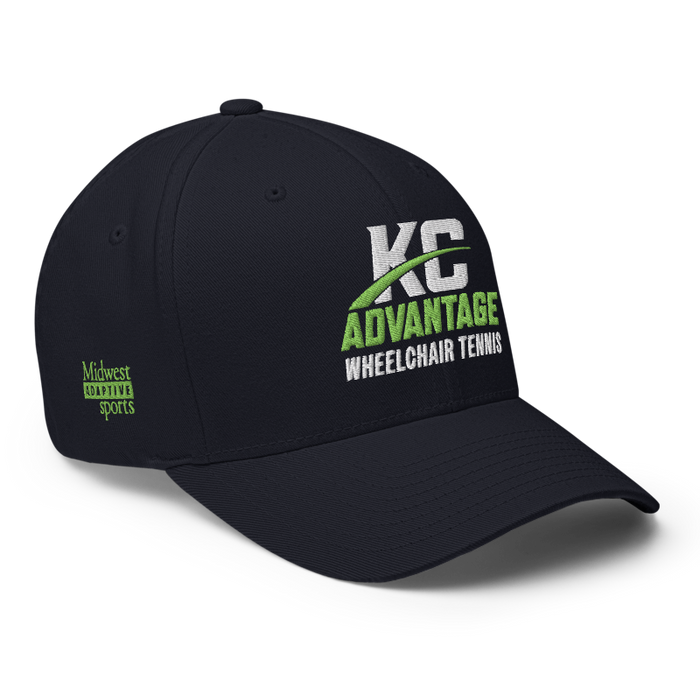 Front right angle of the MAS Kansas City Advantage Wheelchair Tennis Wordmark Dark Navy Flexfit Curved Bill Fitted against a white background