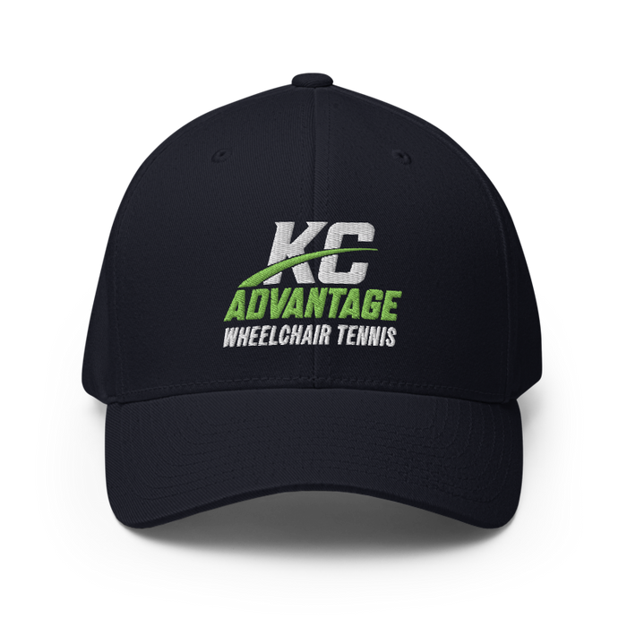 Front angle of the MAS Kansas City Advantage Wheelchair Tennis Wordmark Dark Navy Flexfit Curved Bill Fitted against a white background