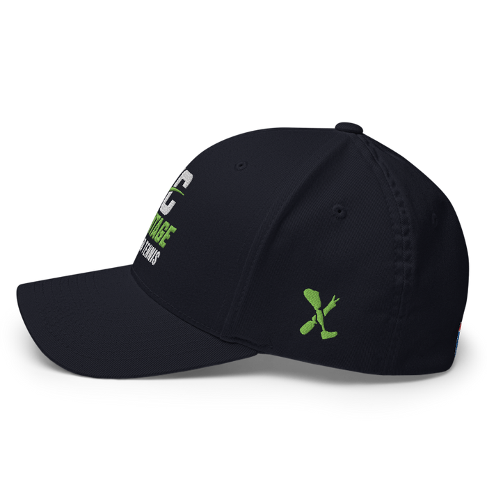 Left angle of the MAS Kansas City Advantage Wheelchair Tennis Wordmark Dark Navy Flexfit Curved Bill Fitted against a white background