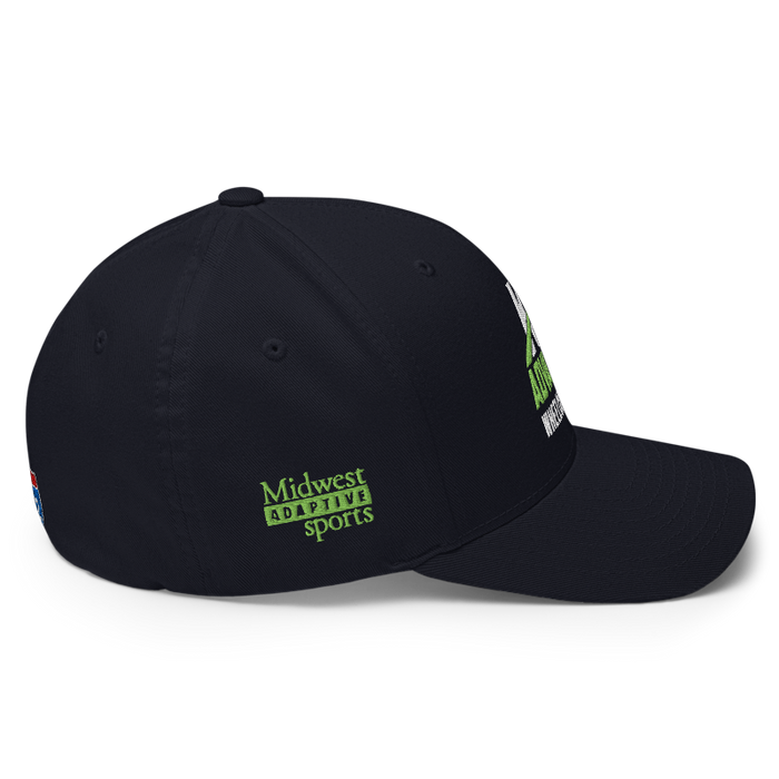 Right angle of the MAS Kansas City Advantage Wheelchair Tennis Wordmark Dark Navy Flexfit Curved Bill Fitted against a white background