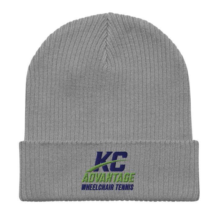 Front angle of the MAS Kansas City Advantage Wheelchair Tennis Wordmark Light Grey Organic Beanie laid flat against a white background