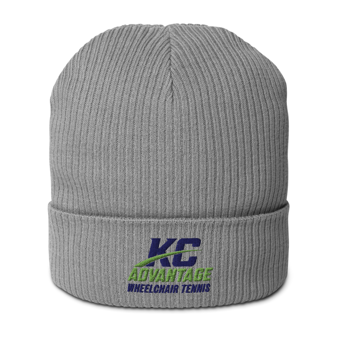 Front angle of the MAS Kansas City Advantage Wheelchair Tennis Wordmark Light Grey Organic Beanie against a white background