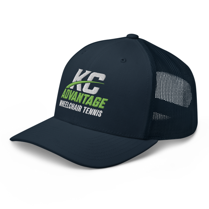 Front left angle of the MAS Kansas City Advantage Wheelchair Tennis Wordmark Navy Curved Bill Trucker Snapback against a white background
