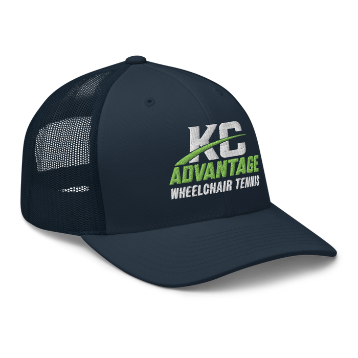 Front right angle of the MAS Kansas City Advantage Wheelchair Tennis Wordmark Navy Curved Bill Trucker Snapback against a white background