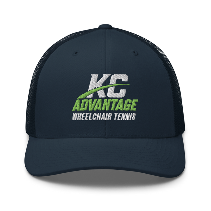 Front angle of the MAS Kansas City Advantage Wheelchair Tennis Wordmark Navy Curved Bill Trucker Snapback against a white background