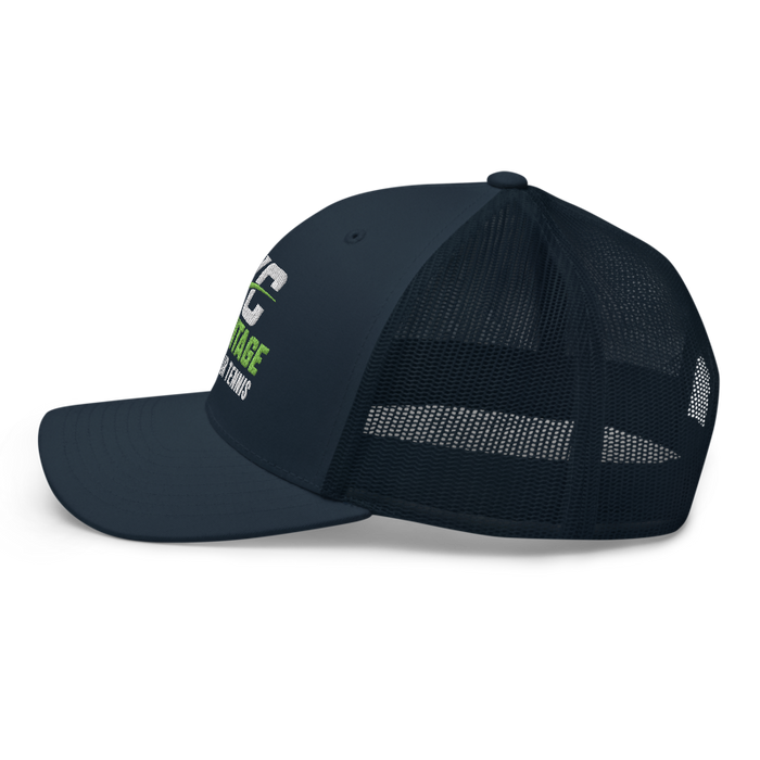Left angle of the MAS Kansas City Advantage Wheelchair Tennis Wordmark Navy Curved Bill Trucker Snapback against a white background