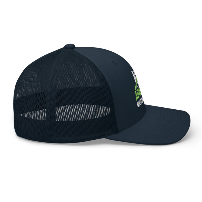 Right angle of the MAS Kansas City Advantage Wheelchair Tennis Wordmark Navy Curved Bill Trucker Snapback against a white background
