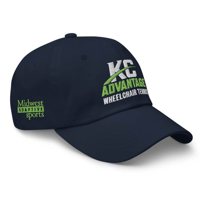 Front right angle of the MAS Kansas City Advantage Wheelchair Tennis Wordmark Navy Dad Hat against a white background