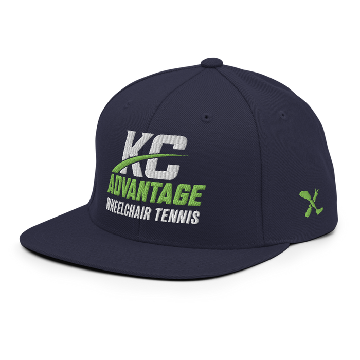 Front left angle of the MAS Kansas City Advantage Wheelchair Tennis Wordmark Navy Flat Bill Snapback against a white background