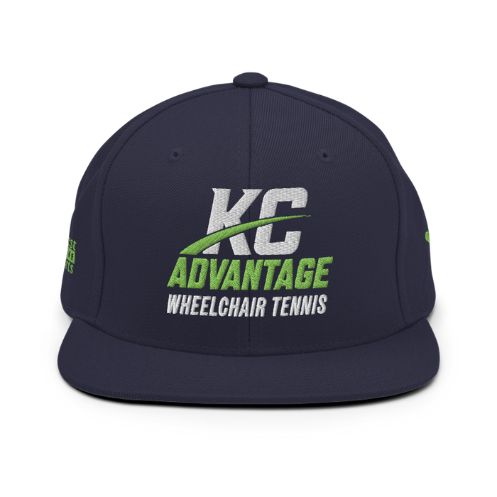 Front angle of the MAS Kansas City Advantage Wheelchair Tennis Wordmark Navy Flat Bill Snapback against a white background