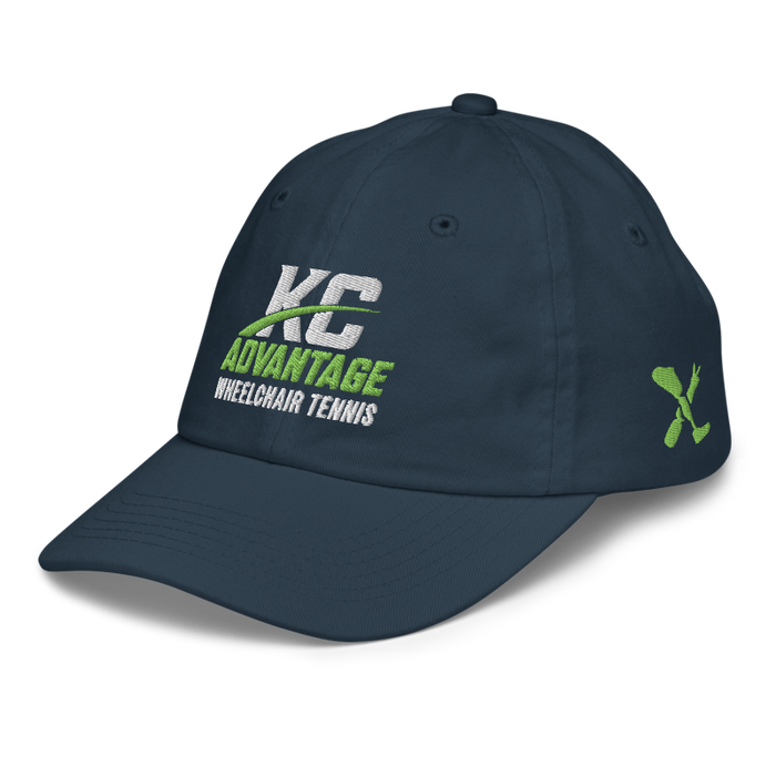 Front left angle of the MAS Kansas City Advantage Wheelchair Tennis Wordmark Navy Youth Dad Hat against a white background