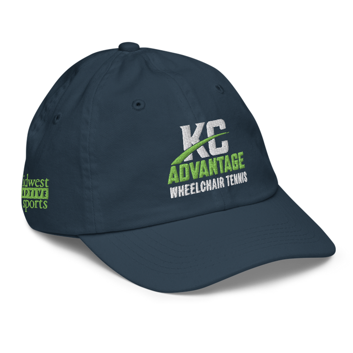 Front right angle of the MAS Kansas City Advantage Wheelchair Tennis Wordmark Navy Youth Dad Hat against a white background