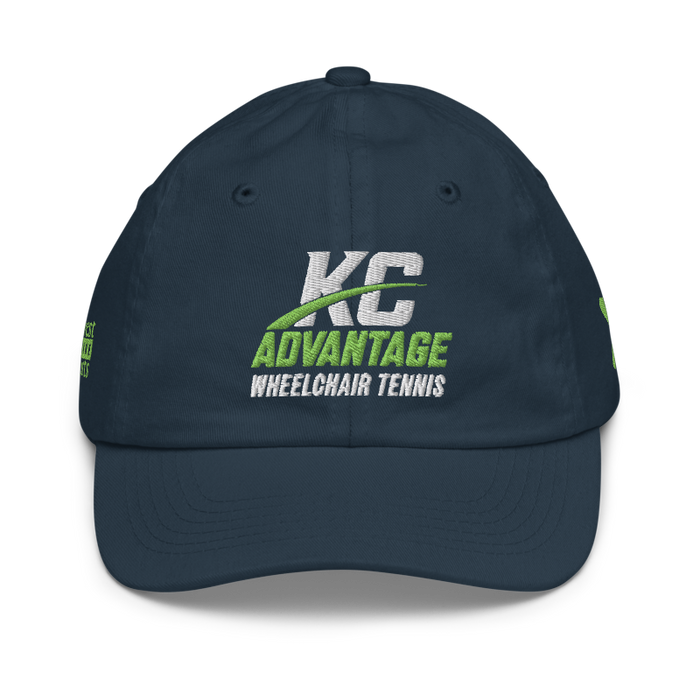 Front angle of the MAS Kansas City Advantage Wheelchair Tennis Wordmark Navy Youth Dad Hat against a white background