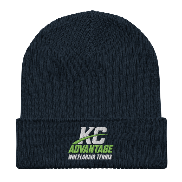 Front angle of the MAS Kansas City Advantage Wheelchair Tennis Wordmark Oxford Navy Organic Beanie laid flat against a white background