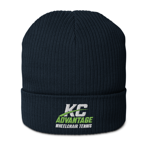 Front angle of the MAS Kansas City Advantage Wheelchair Tennis Wordmark Oxford Navy Organic Beanie against a white background