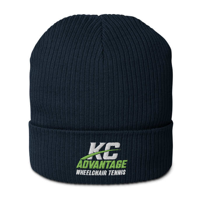 Front angle of the MAS Kansas City Advantage Wheelchair Tennis Wordmark Oxford Navy Organic Beanie against a white background