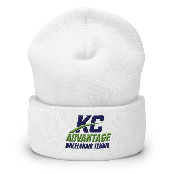Front angle of the MAS Kansas City Advantage Wheelchair Tennis Wordmark White Beanie against a white background