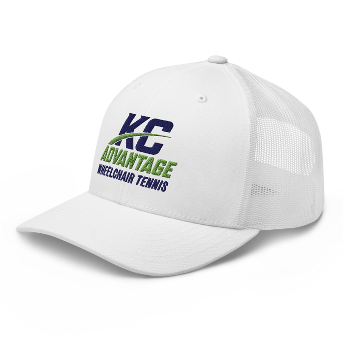 Front left angle of the MAS Kansas City Advantage Wheelchair Tennis Wordmark White Curved Bill Trucker Snapback against a white background