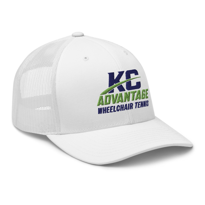 Front right angle of the MAS Kansas City Advantage Wheelchair Tennis Wordmark White Curved Bill Trucker Snapback against a white background