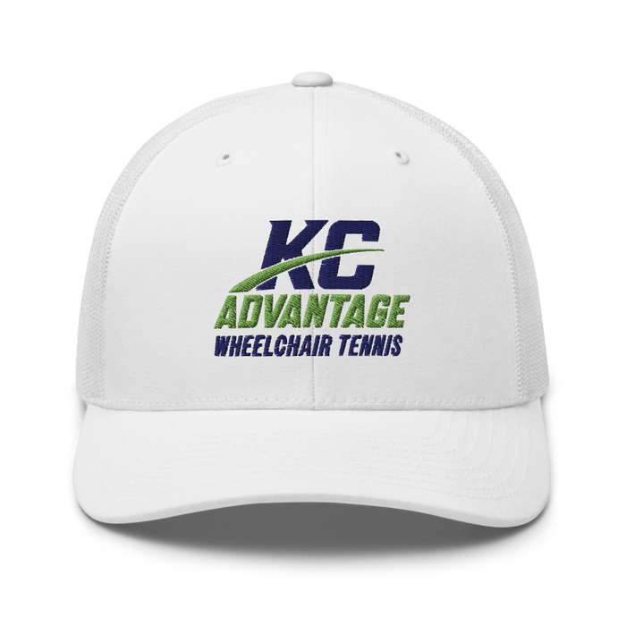 Front angle of the MAS Kansas City Advantage Wheelchair Tennis Wordmark White Curved Bill Trucker Snapback against a white background