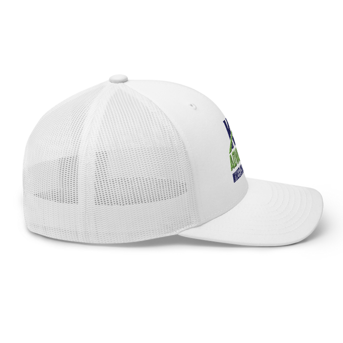 Right angle of the MAS Kansas City Advantage Wheelchair Tennis Wordmark White Curved Bill Trucker Snapback against a white background