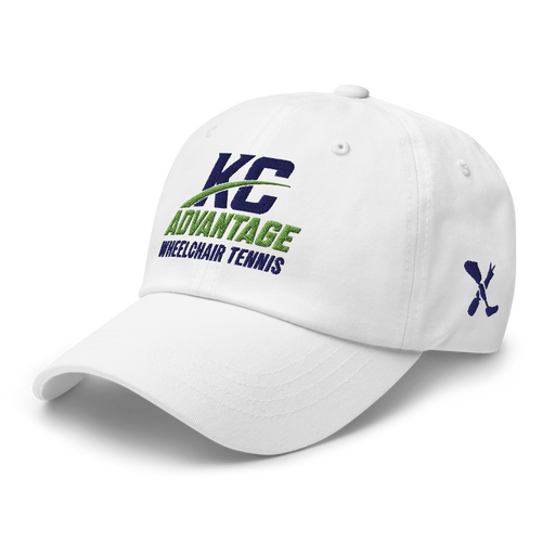 Front left angle of the MAS Kansas City Advantage Wheelchair Tennis Wordmark White Dad Hat against a white background