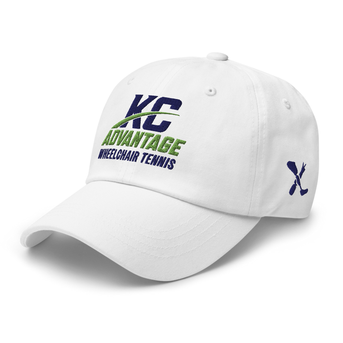 Front left angle of the MAS Kansas City Advantage Wheelchair Tennis Wordmark White Dad Hat against a white background