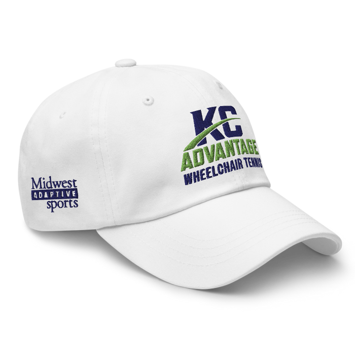 Front right angle of the MAS Kansas City Advantage Wheelchair Tennis Wordmark White Dad Hat against a white background