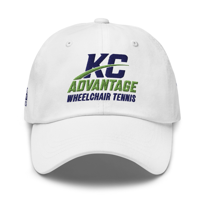 Front angle of the MAS Kansas City Advantage Wheelchair Tennis Wordmark White Dad Hat against a white background