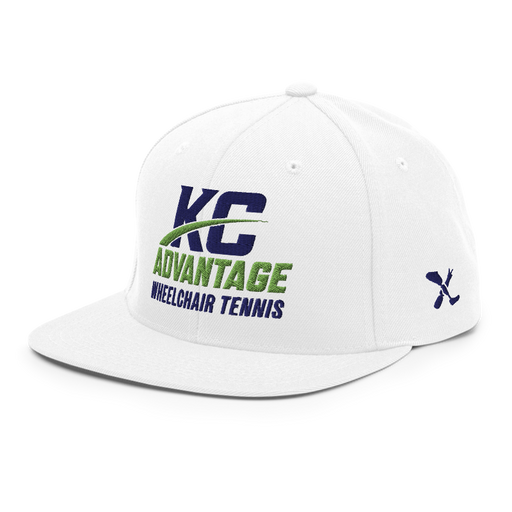 Front left angle of the MAS Kansas City Advantage Wheelchair Tennis Wordmark White Flat Bill Snapback against a white background