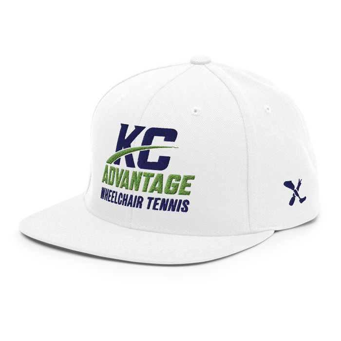 Front left angle of the MAS Kansas City Advantage Wheelchair Tennis Wordmark White Flat Bill Snapback against a white background
